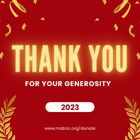 Square graphic on dark red background with gold confetti and laurel-leaf accents at corners. Illuminated gold text says, "Thank you." White text: "For Your Generosity...2023...www.mabnc.org/donate.