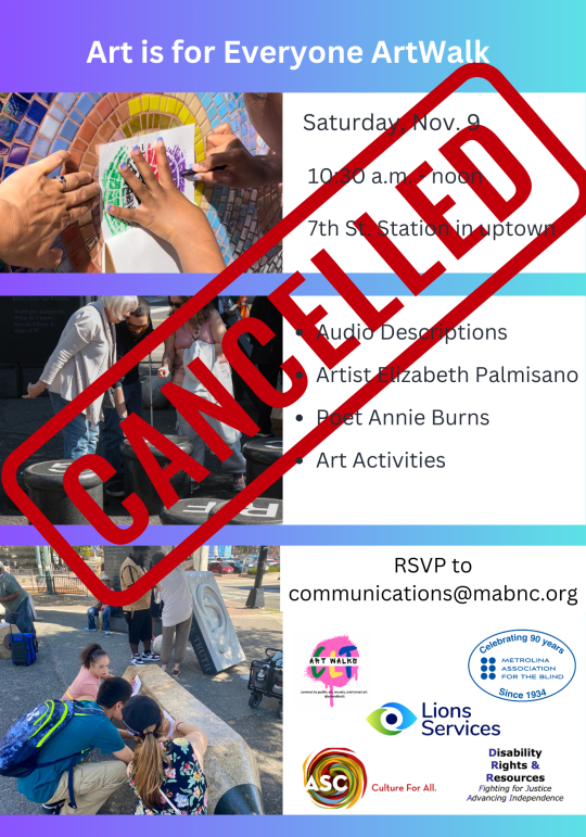 Cancelled stamp over event flyer on a purple-to-aqua gradient background with white text boxes and three photos: hands creating a colorful rubbing of a mosaic; a group exploring a sculpture of giant typewriter keys on a sidewalk; three children explore a