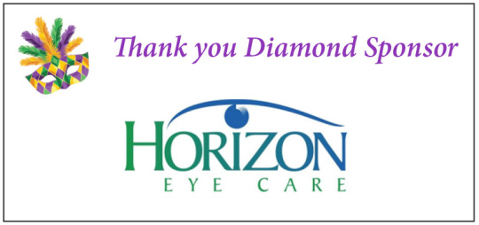 Graphic thanking Diamond-level sponsor for 2026 Night for Sight Mardi Gras Ball. A purple, green, and gold Mardi Gras mask and the Horizon Eye Care logo. Text: Thank you Diamond sponsor