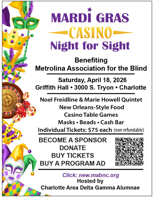 Mardi Gras Ball flyer. Decorative Mardi Gras masks and roulette wheel frame the flyer on the left. Text: Save the Date. Mardi Gras Ball Casino Night benefiting Metrolina Association for the Blind. Saturday, April 18, 2026. Charlotte Museum of History. Noe