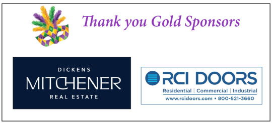 Graphic thanking gold-level sponsors for 2026 Night for Sight Mardi Gras Ball. A purple, green, and gold Mardi Gras mask and the logos for Dickens Michener Real Estate and RCI Doors. Text: Thank you Gold sponsors
