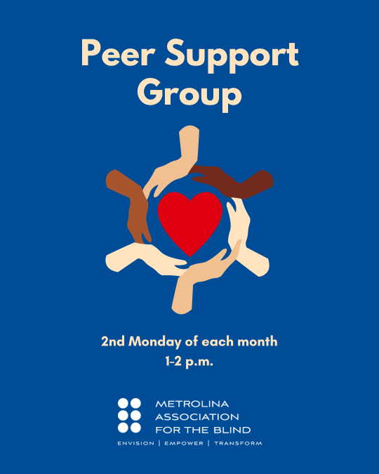 Flyer on blue background with MAB logo and hands in a circle around a heart. Text: Peer support group. Second Monday of each month. 1-2 p.m.