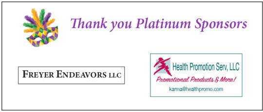 Graphic thanking platinum-level sponsors for 2026 Night for Sight Mardi Gras Ball. A purple, green, and gold Mardi Gras mask and the logos for Freyer Endeavors, LLC and Health Promotion Services. Text: Thank you platinum sponsors